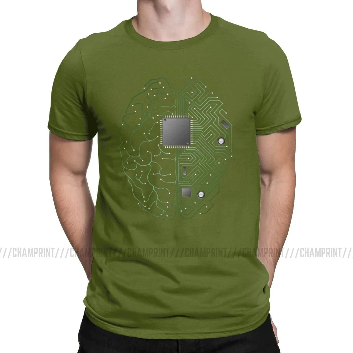 Brain circuit board graphic T-shirt by My Store 5, featuring geeky engineer and developer design in three colors, available in sizes S to 6XL.