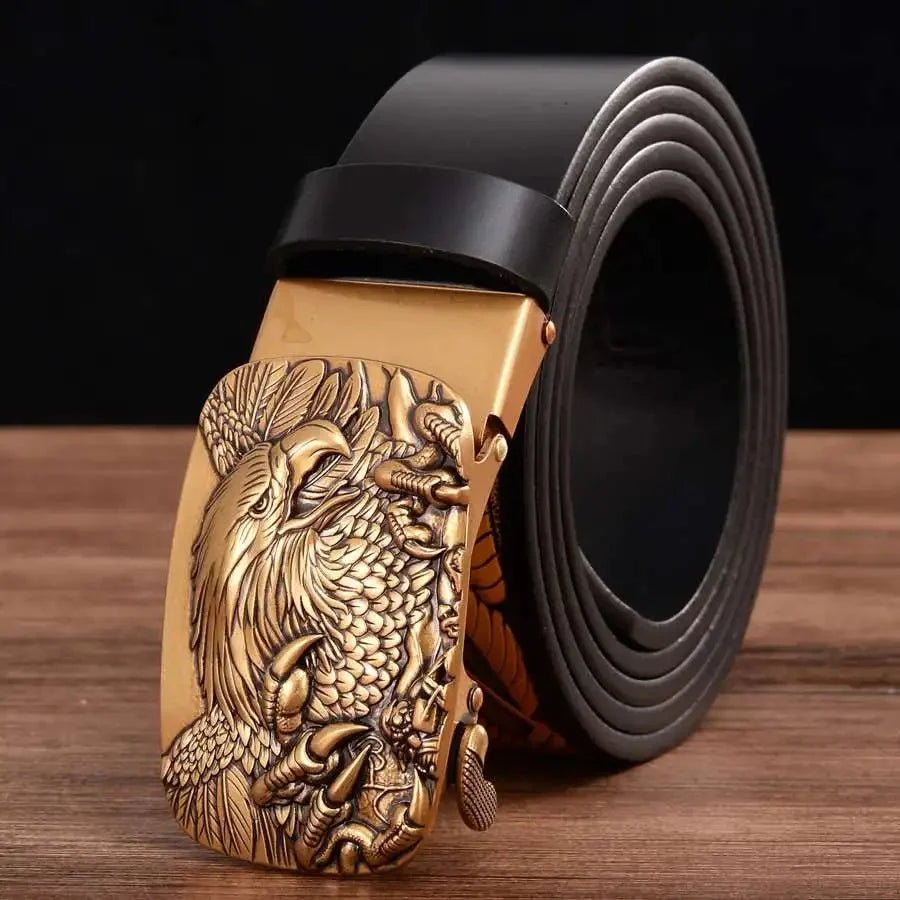 Men's genuine leather ratchet belt with automatic buckle, 35mm wide, from TrendLux Wear, shown in gift box.