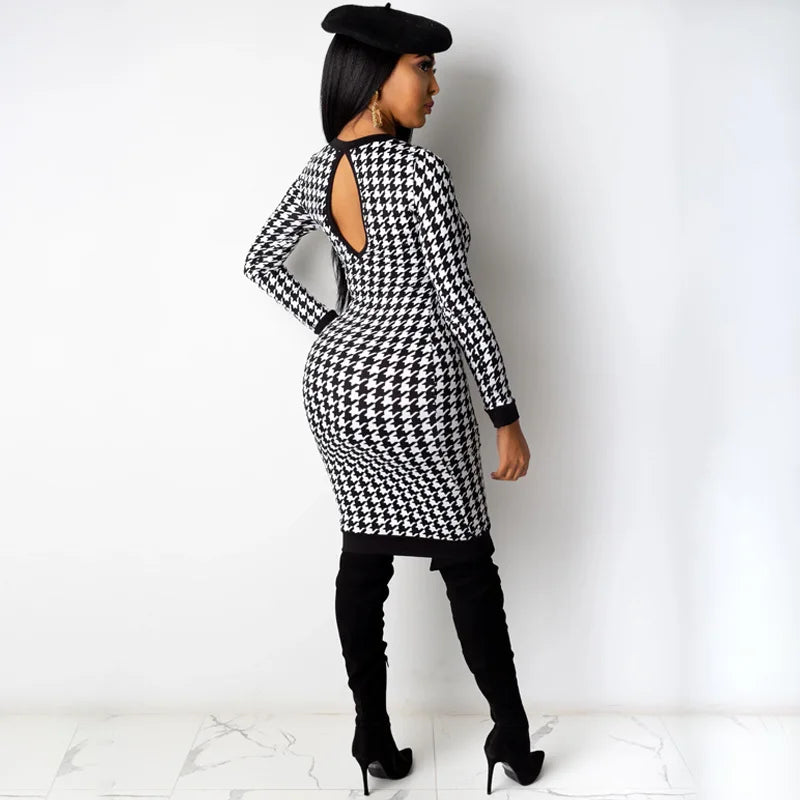 Houndstooth print long sleeve midi dress in black and white, featuring a keyhole back and bodycon fit, styled with thigh-high boots.