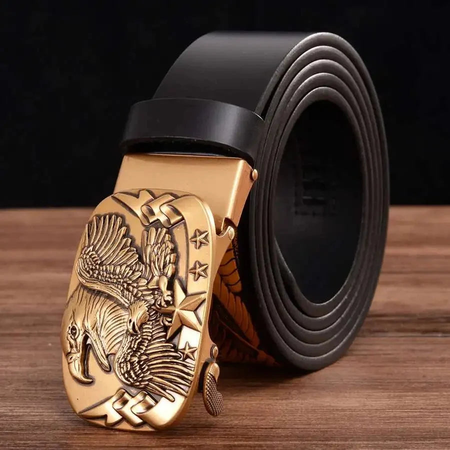 Men's genuine leather ratchet belt with automatic buckle, 35mm wide, displayed in a gift box, by TrendLux Wear.
