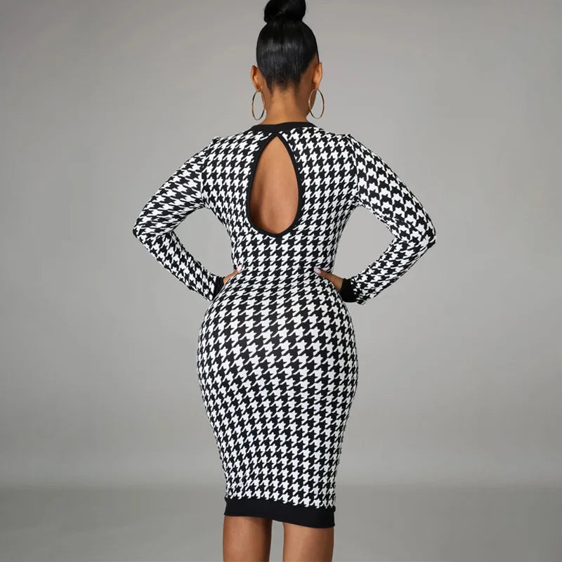 Houndstooth Long-Sleeve Cutout Bodycon Dress