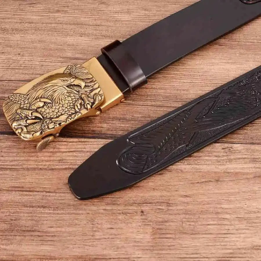 Men's genuine leather ratchet belt with automatic buckle, 35mm wide, from TrendLux Wear, displayed in a gift box.