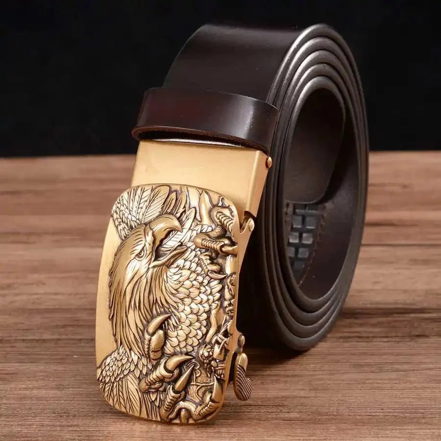 Men's genuine leather ratchet belt with automatic buckle, 35mm wide, displayed in a gift box by TrendLux Wear.