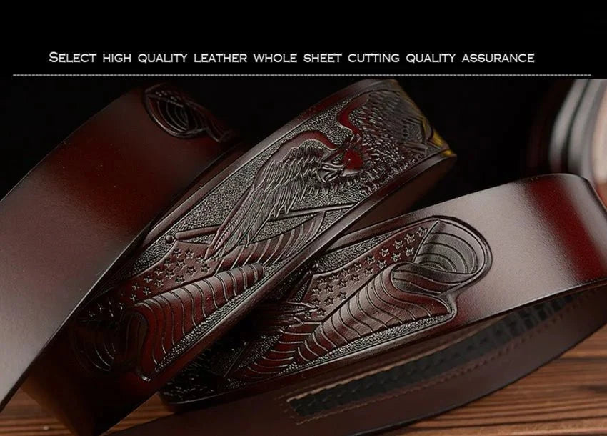 Men's genuine leather ratchet belt with automatic buckle, 35mm wide, displayed with gift box from TrendLux Wear.