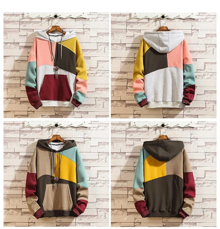 Men's patchwork velvet punk hoodie by TrendLux Wear, loose fit streetwear hoodie with bold patchwork design and vibrant colors.