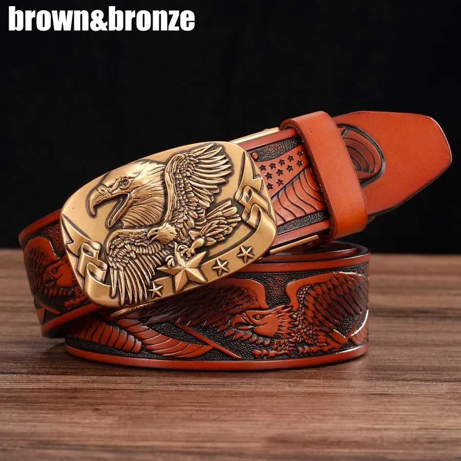 Men's genuine leather ratchet belt with automatic buckle, 35mm wide, from TrendLux Wear, displayed with gift box.