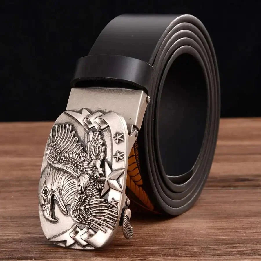 Men's genuine leather ratchet belt with automatic buckle from TrendLux Wear, 35mm wide, displayed in a gift box.