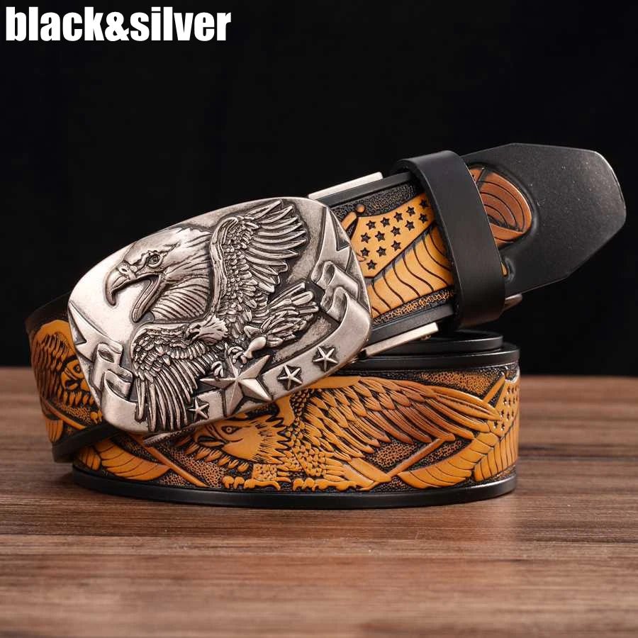 Men's genuine leather ratchet belt with automatic buckle from TrendLux Wear, 35mm wide, displayed in a gift box.