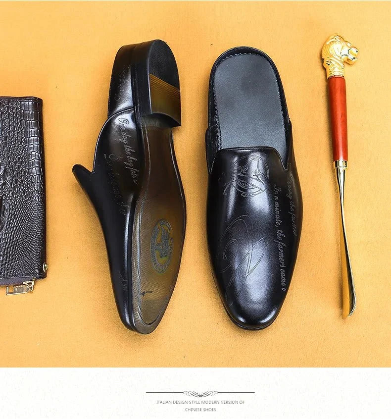 Men's Italian luxury genuine leather loafers with embroidered moccasin detailing and non-slip soles, available in EU sizes 38–46.