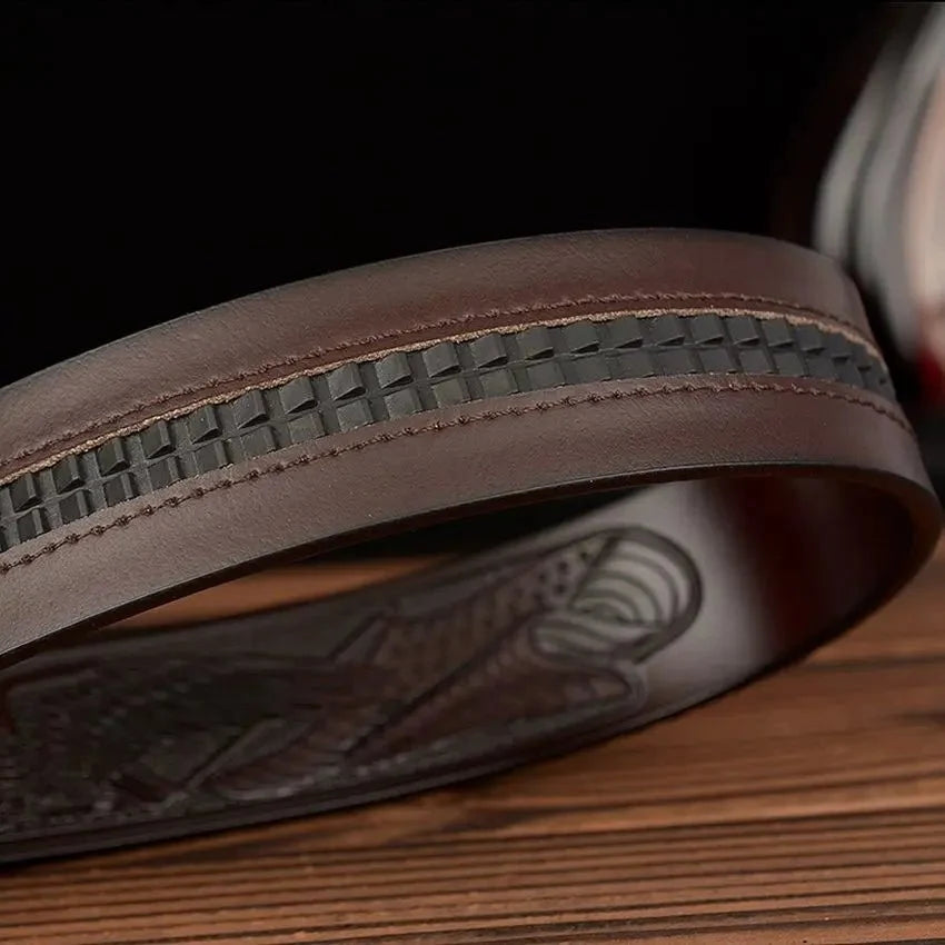 Men's genuine leather ratchet belt with automatic buckle, 35mm wide, from TrendLux Wear, displayed with gift box.