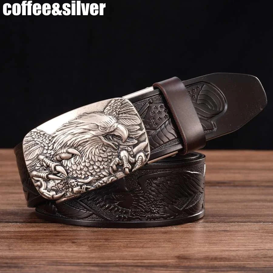 Men's genuine leather ratchet belt with automatic buckle from TrendLux Wear, 35mm wide, displayed with gift box.