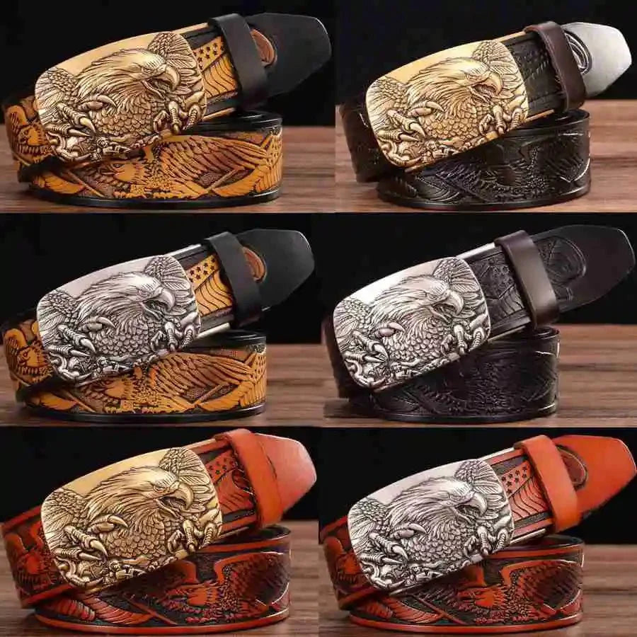 Men's genuine leather ratchet belt with automatic buckle, 35mm wide, from TrendLux Wear, displayed with gift box.