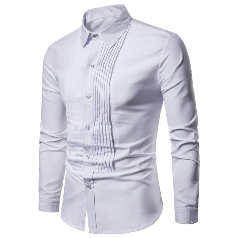 Long-sleeve white wedding shirt with a turn-down collar and vertical pleating on the front. Casual fit.