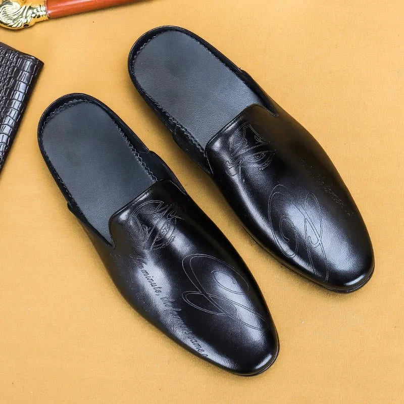 Men's Italian luxury genuine leather loafers with embroidered moccasin design and non-slip sole, available in EU sizes 38 to 46.