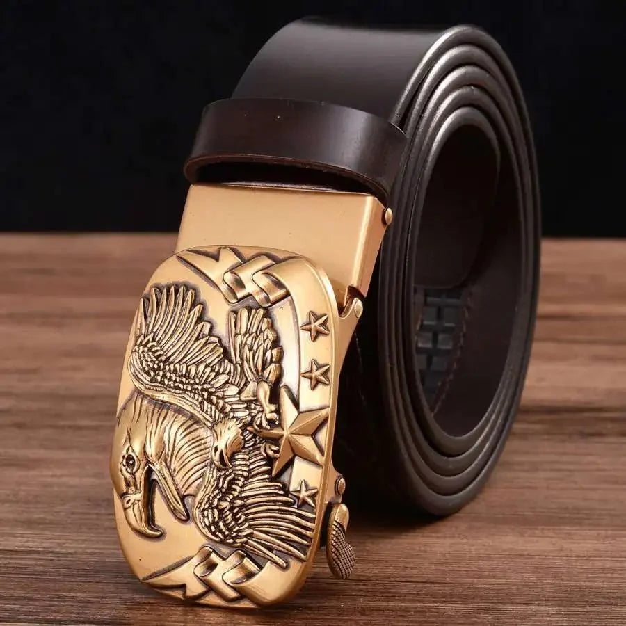 Men's genuine leather ratchet belt with automatic buckle, 35mm width, from TrendLux Wear, shown with a gift box.