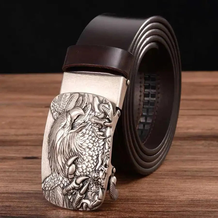 Men's genuine leather ratchet belt with automatic buckle, 35mm wide, from TrendLux Wear, shown in gift box.