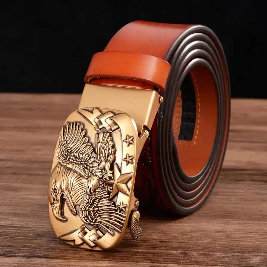 Men's genuine leather ratchet belt with automatic buckle, 35mm wide, displayed in a gift box by TrendLux Wear.