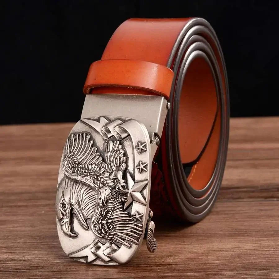 Men's genuine leather ratchet belt with automatic buckle, 35mm wide, from TrendLux Wear, displayed in gift box.
