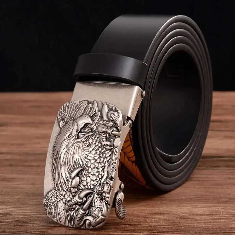 Men's genuine leather ratchet belt with automatic buckle from TrendLux Wear, 35mm wide, displayed with gift box.