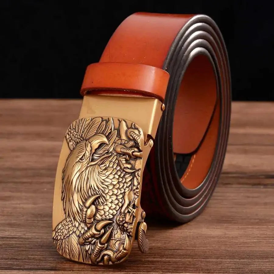 Men's genuine leather ratchet belt with automatic buckle, 35mm wide, from TrendLux Wear, displayed in a gift box.