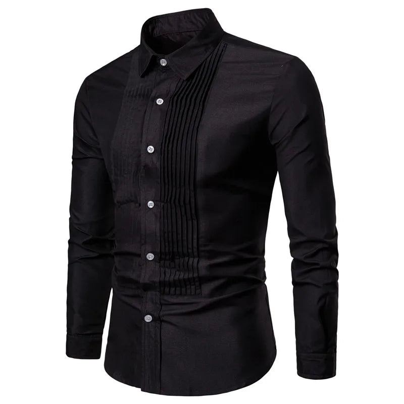 Black long sleeve dress shirt featuring a pleated front, turn-down collar, and button closure. Stylish and fitted design.