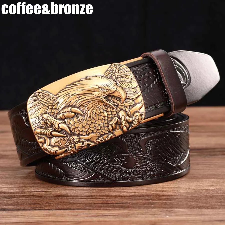 Men's genuine leather ratchet belt with automatic buckle, 35mm wide, from TrendLux Wear, shown in a gift box.