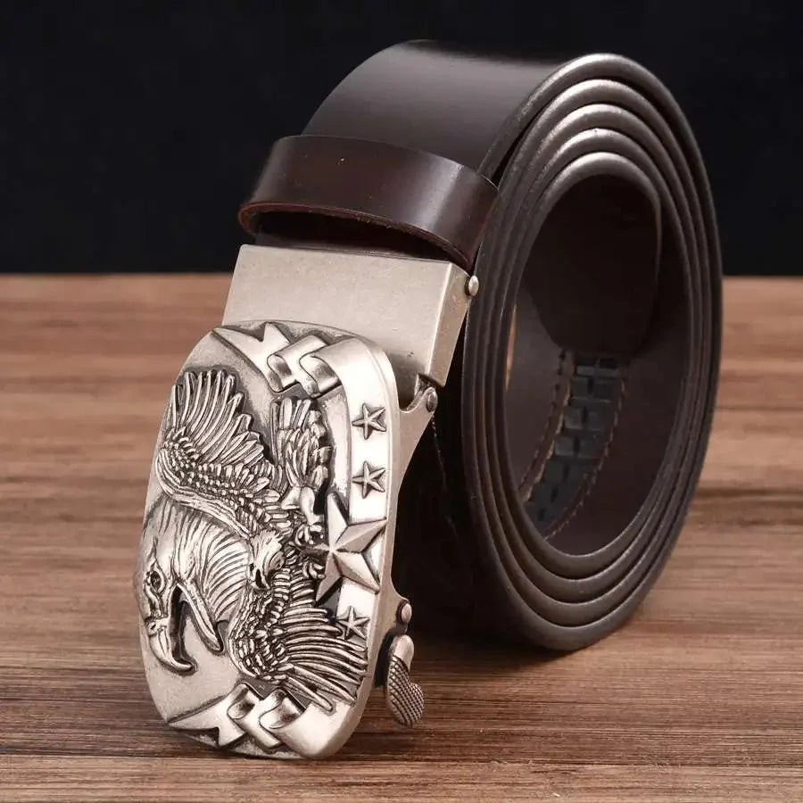Men's genuine leather ratchet belt by TrendLux Wear with automatic buckle, 35mm wide, displayed in a gift box.