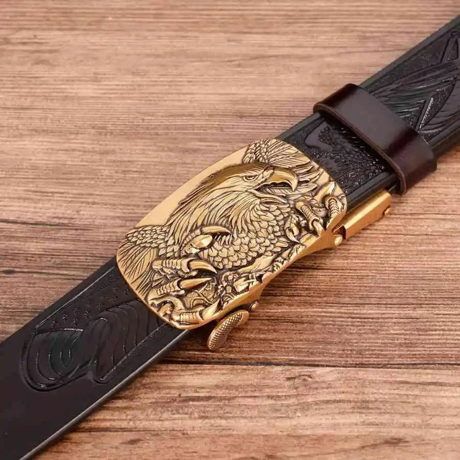 Men's genuine leather ratchet belt with automatic buckle from TrendLux Wear, 35mm wide, displayed in a gift box.