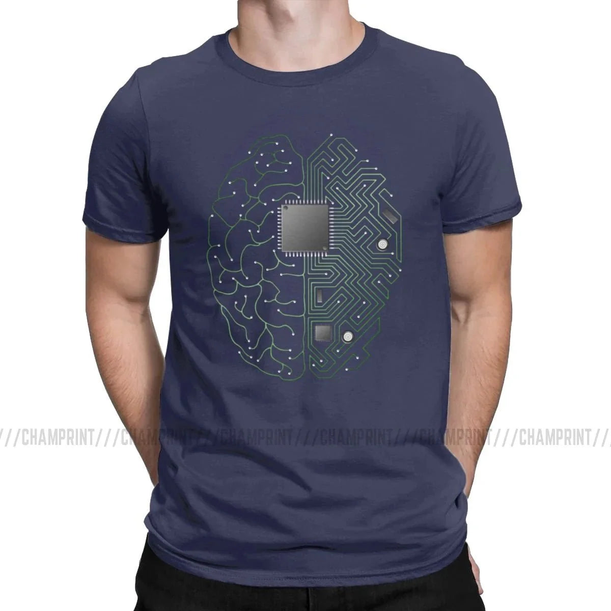Brain circuit board T-shirt in black, white, or gray featuring geek, engineer, and developer graphics, available in sizes S–6XL.
