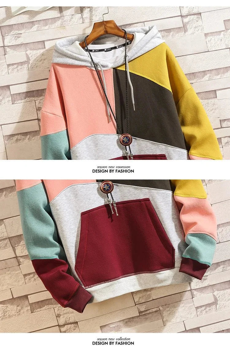 Men's patchwork velvet punk hoodie by TrendLux Wear, loose fit streetwear hoodie with bold patchwork design in vibrant colors.