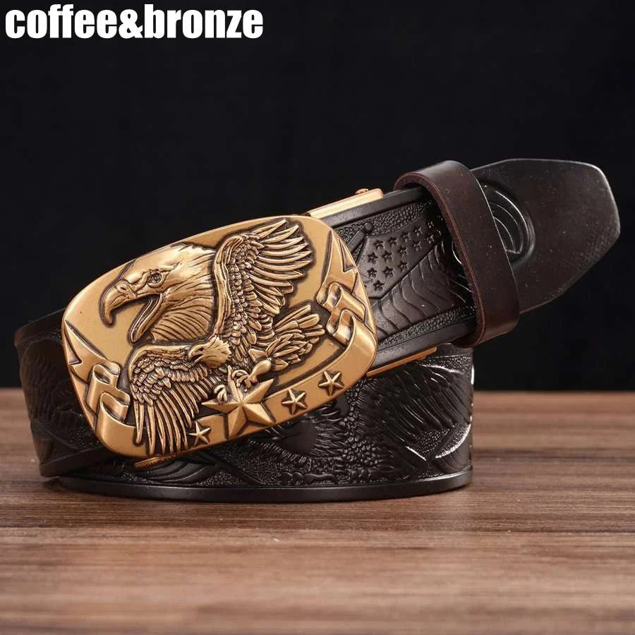 Men's genuine leather ratchet belt with automatic buckle, 35mm wide, from TrendLux Wear, shown with a gift box.