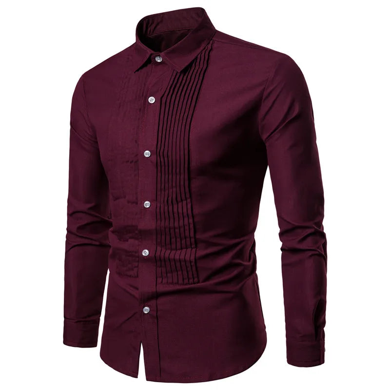 Long-sleeve burgundy dress shirt with a pleated front and button closure, featuring a turn-down collar.