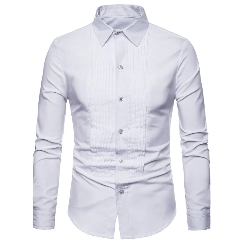 Long-sleeve white wedding shirt for men featuring a pleated front and turn-down collar. Casual fit for social events.