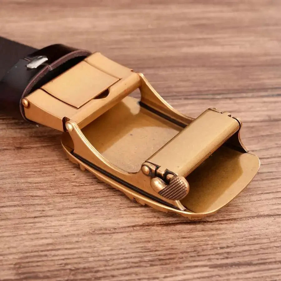 Men's genuine leather ratchet belt with automatic buckle from TrendLux Wear, 35mm wide, displayed with gift box.