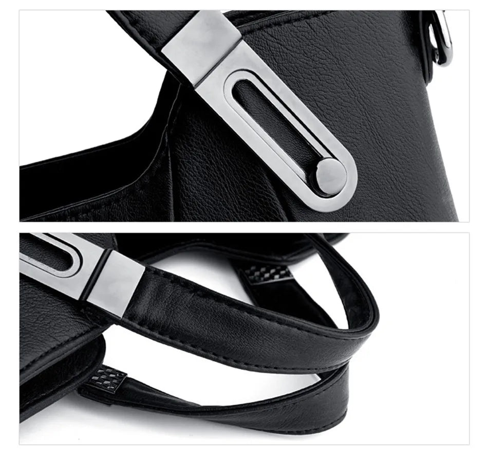 Women's luxury pure leather multi-pocket handbag by TrendLux Wear, featuring multiple compartments and elegant design.