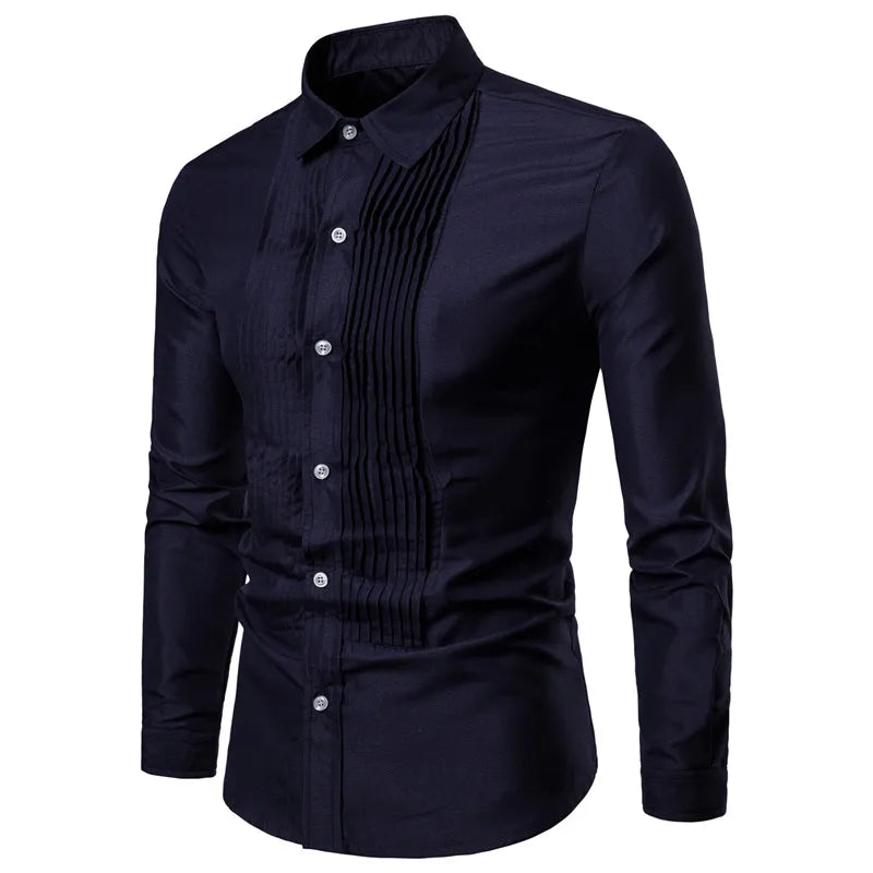 Long sleeve black dress shirt featuring pleated detailing down the front, button closure, and turn-down collar.