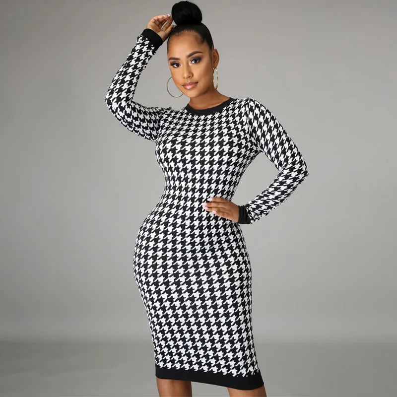 Houndstooth Long-Sleeve Cutout Bodycon Dress