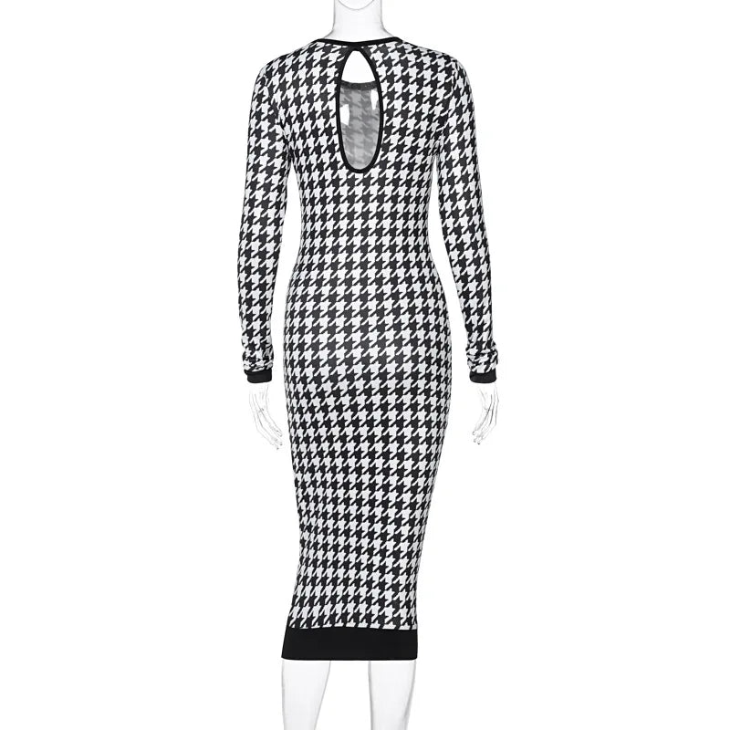 Houndstooth print long sleeve midi dress featuring a hollow out back, slim fit, and knee-length design.
