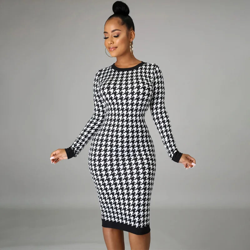 Houndstooth Long-Sleeve Cutout Bodycon Dress