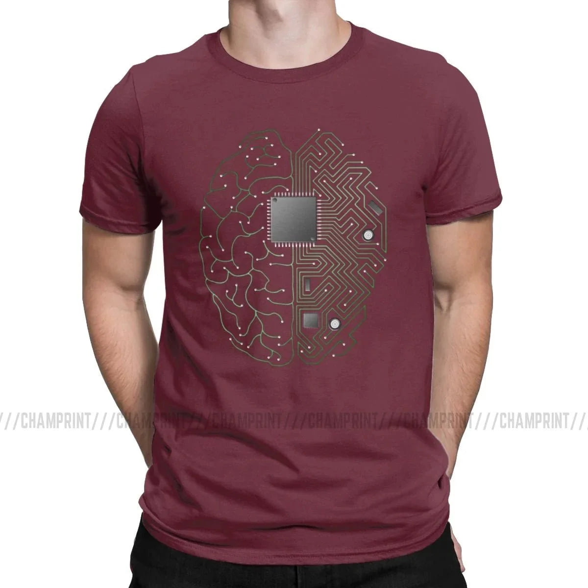 Brain circuit board graphic T-shirt by My Store 5, featuring geek, engineer, developer design in three colors, size S–6XL