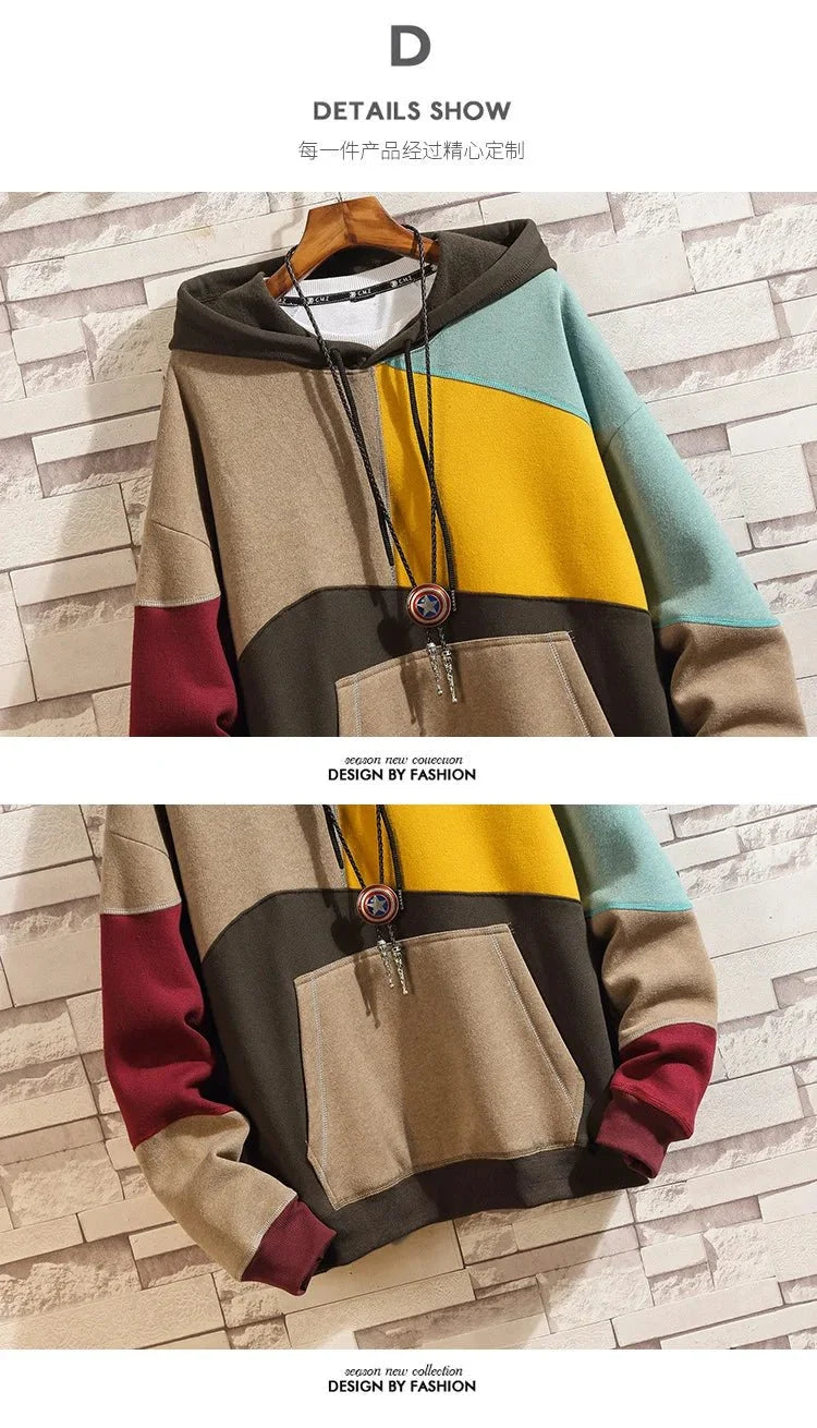 Men's patchwork velvet punk hip-hop hoodie by TrendLux Wear featuring loose fit streetwear style in vibrant patchwork design.