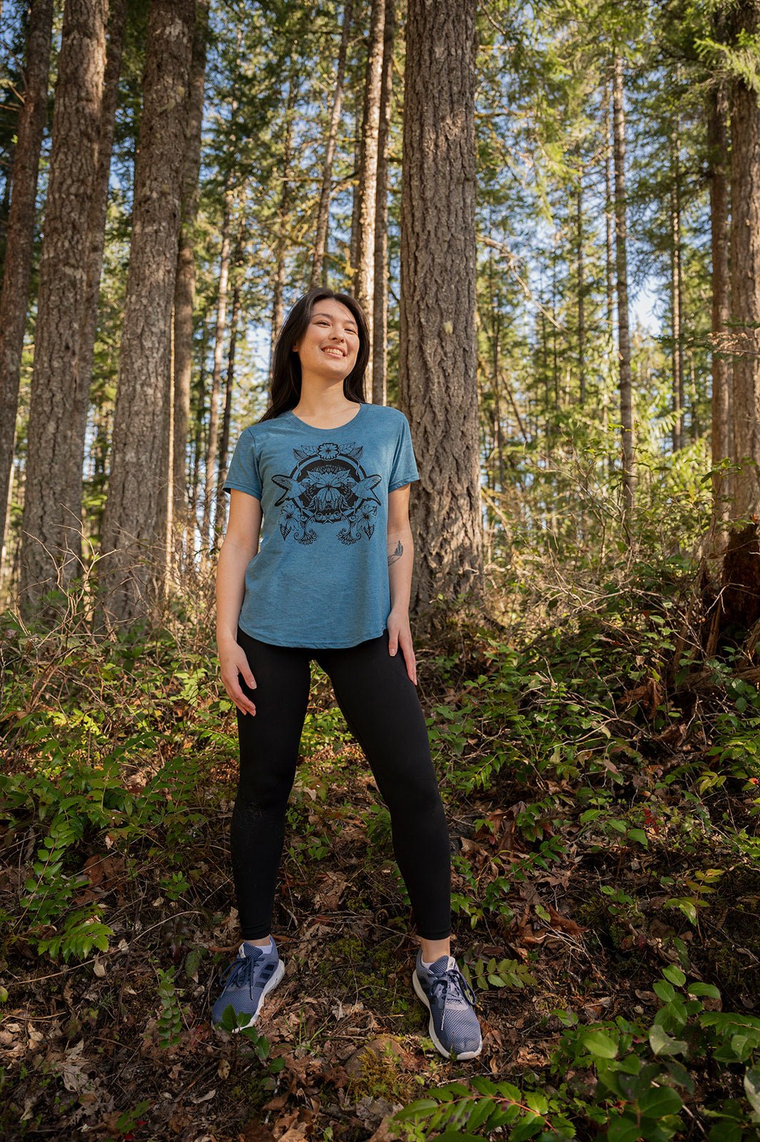 Women's eco-friendly HUMMINGBIRD T-shirt by KINDRED COAST featuring a hummingbird graphic on soft fabric.
