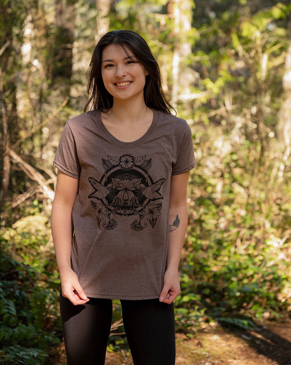 Hummingbird women's eco tee by KINDRED COAST featuring a colorful hummingbird graphic on soft, sustainable fabric.