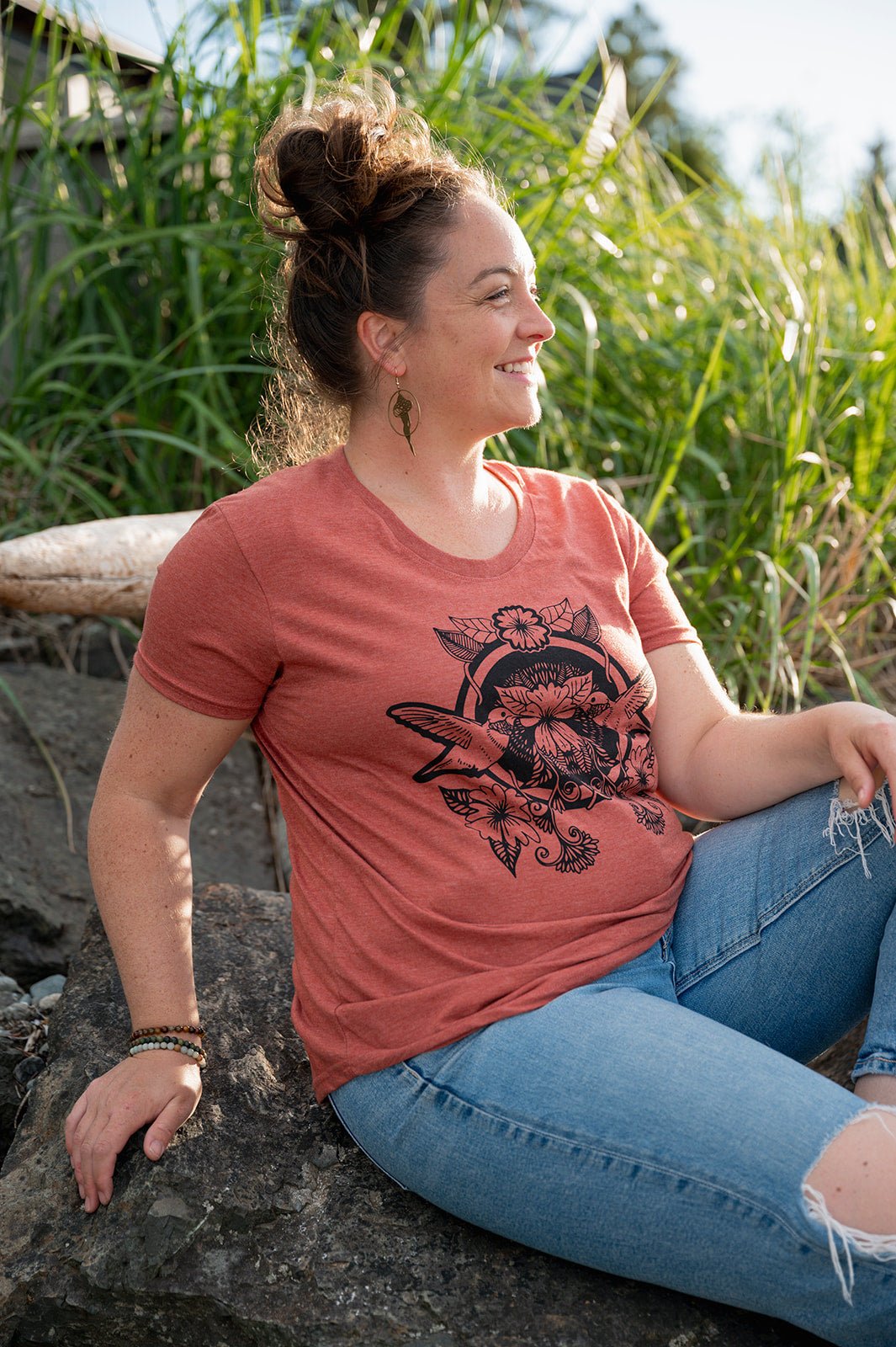 Hummingbird women's eco tee by KINDRED COAST featuring a colorful hummingbird graphic on soft, sustainable fabric.