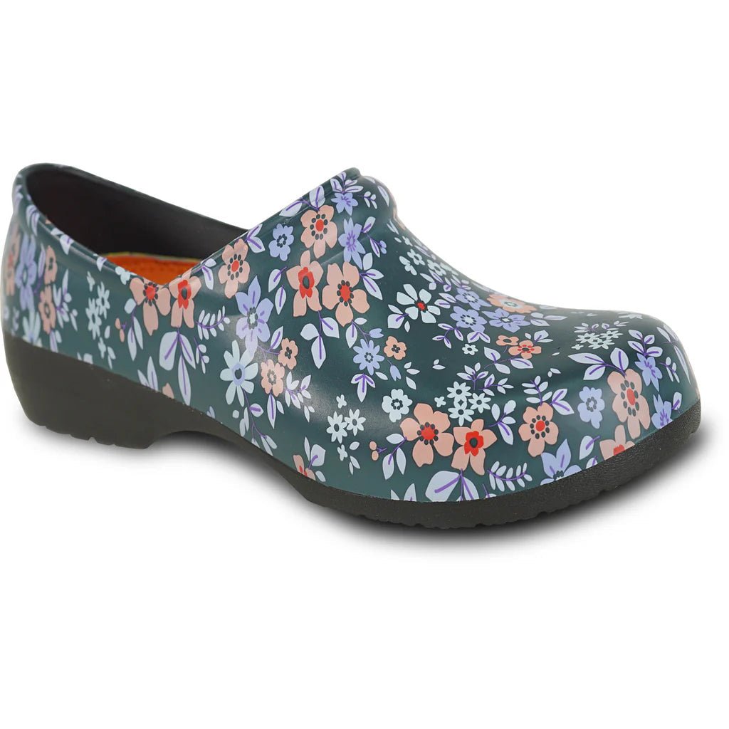 DC-Tux-USA VANGELO women slip resistant clog NIKO Flower-2 with floral design, featuring a comfortable slip-on style and sturdy sole.