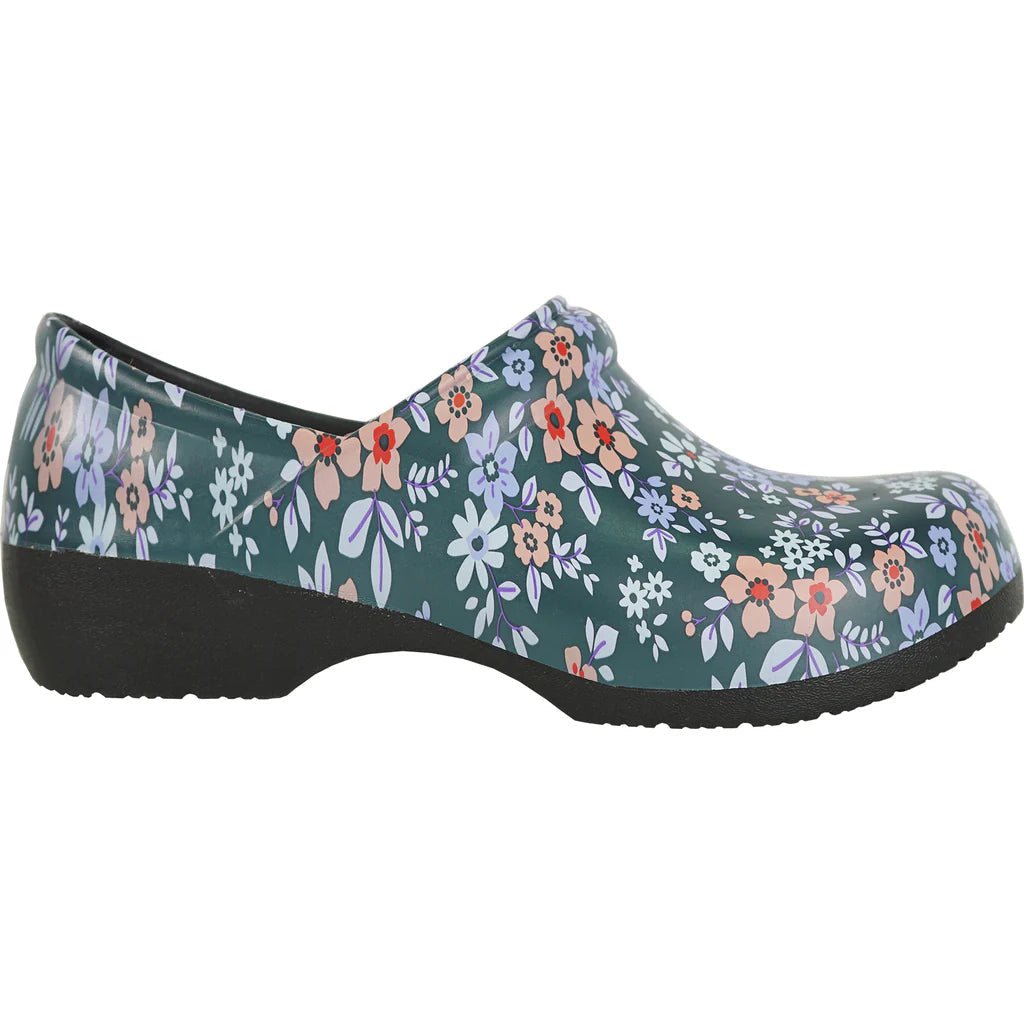 Women’s slip-resistant clogs by DC-Tux-USA featuring a floral design, model NIKO Flower-2, with a sturdy sole for safety and comfort.