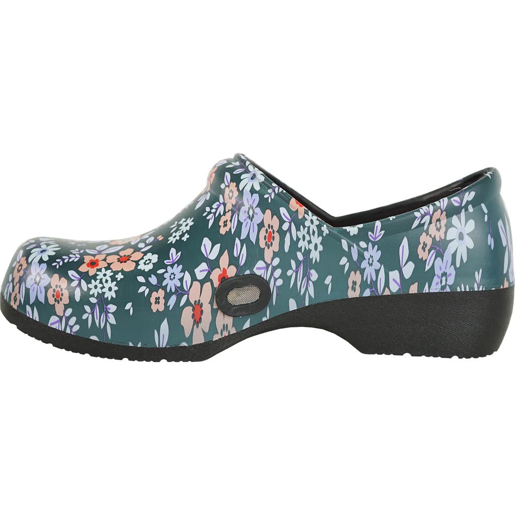 Women’s VANGELO slip-resistant clogs with NIKO Flower design, showcasing comfortable, durable footwear by DC-Tux-USA.