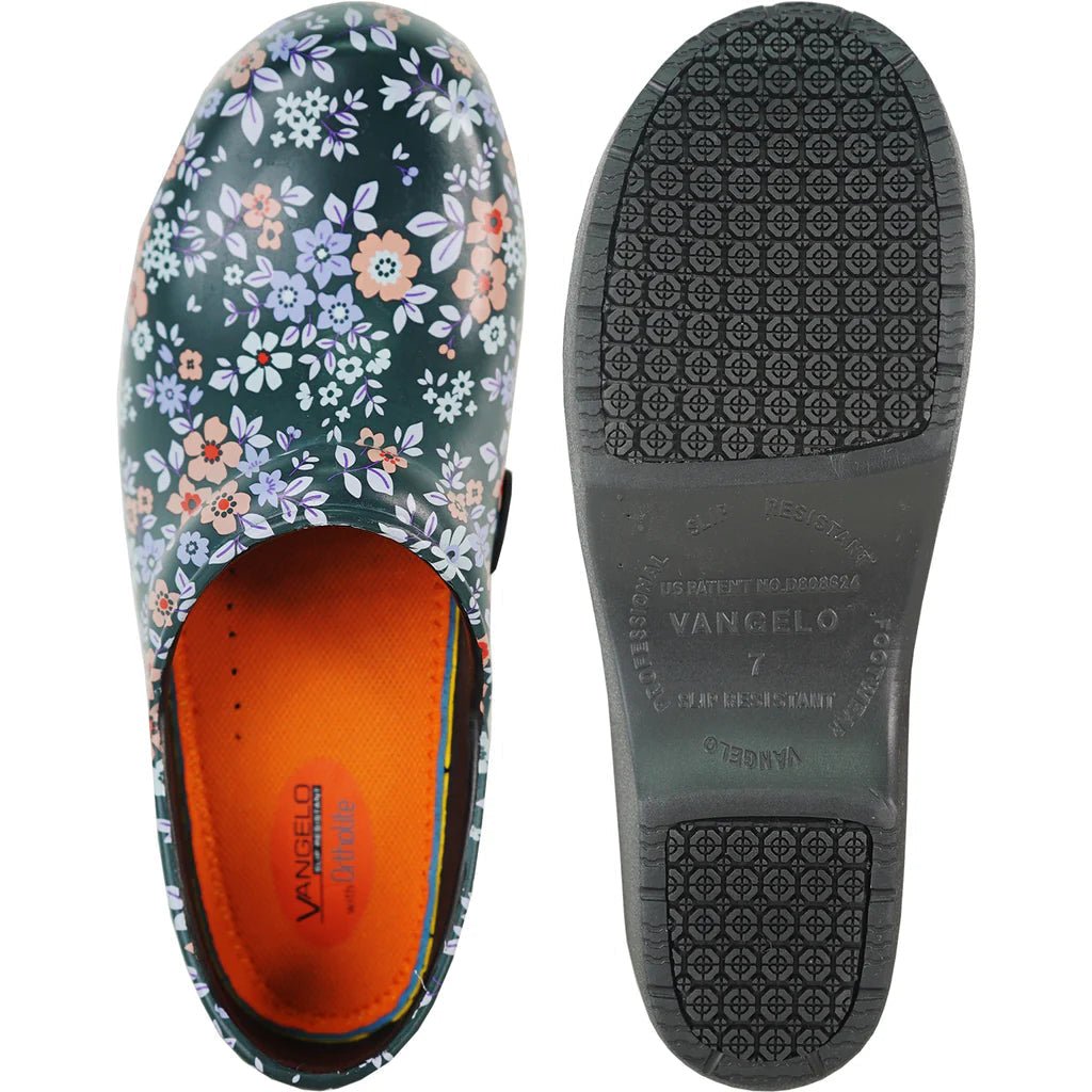 Women’s slip-resistant DC-Tux-USA VANGELO NIKO Flower clog with floral pattern and sturdy sole, designed for comfort and safety.