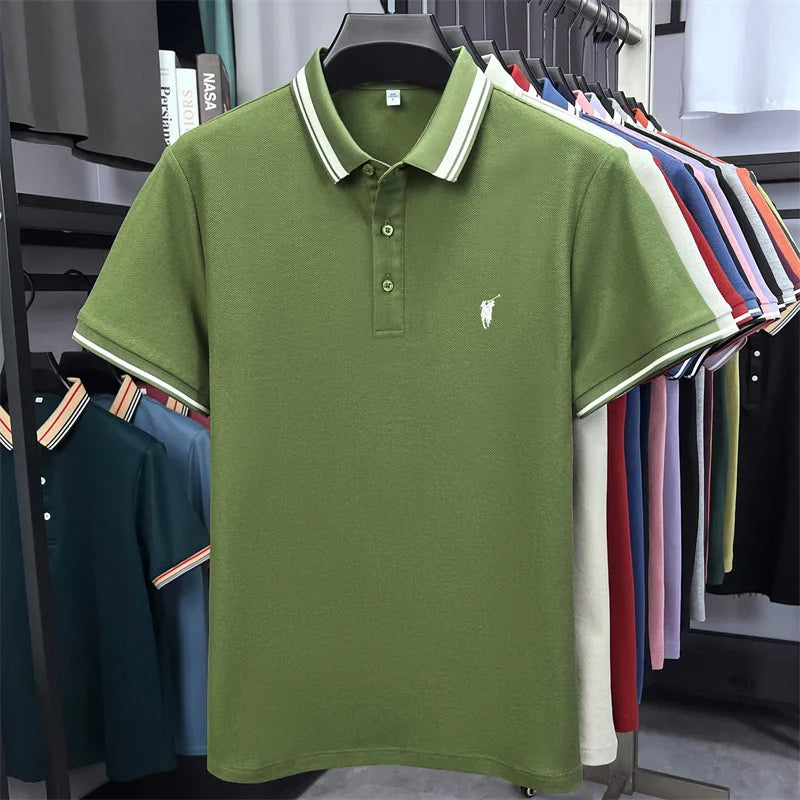 Short sleeve polo shirt in solid green with white stripes on the collar, featuring a small pony embroidery.