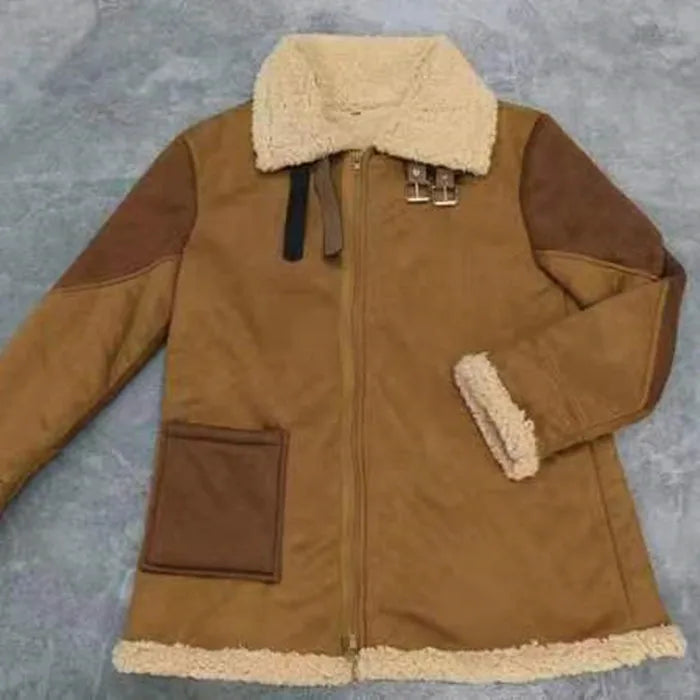 Men's Faux Leather Suede Fur-Lined Winter Jacket – Turn Down Collar Coat
